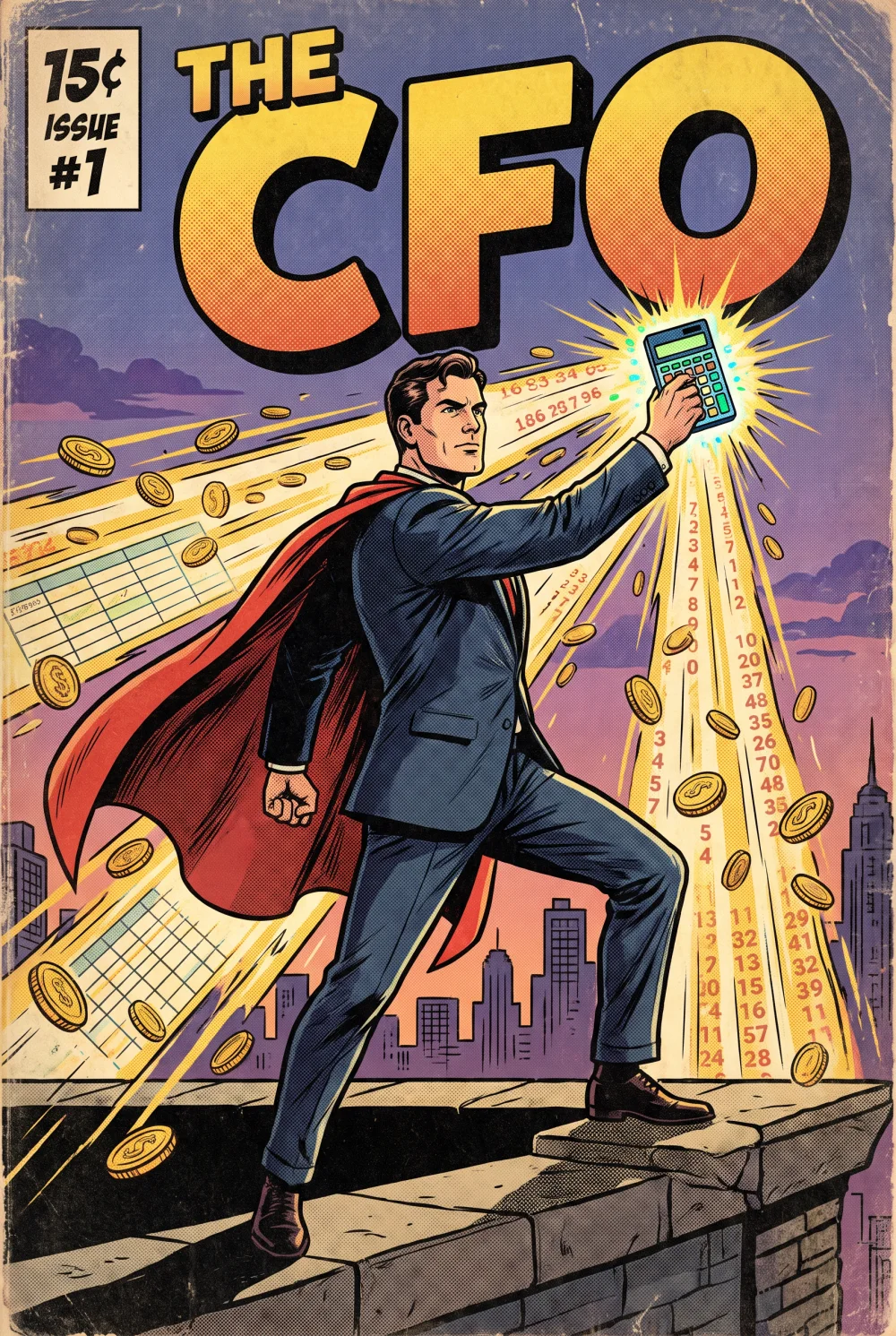 Comicheft-Titelbild: ein Finanzheld im Anzug mit rotem Umhang haelt einen leuchtenden Taschenrechner in die Hoehe, aus dem Zahlenkolonnen und Muenzen stroemen. Titel: THE CFO.